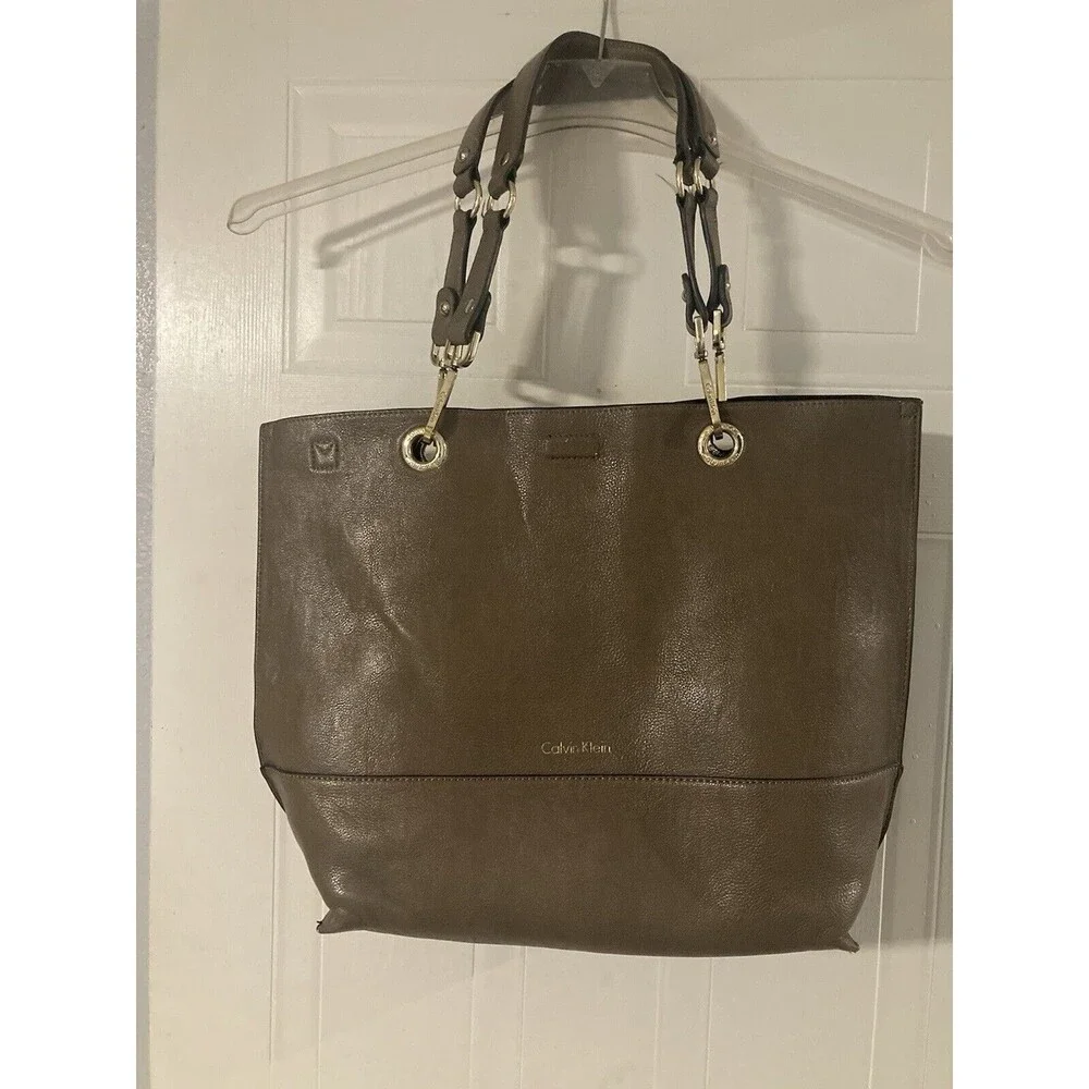 Calvin Klein Handbag Purse Tote Shoulder Bag Brown Taupe Tan Magnetic Closure